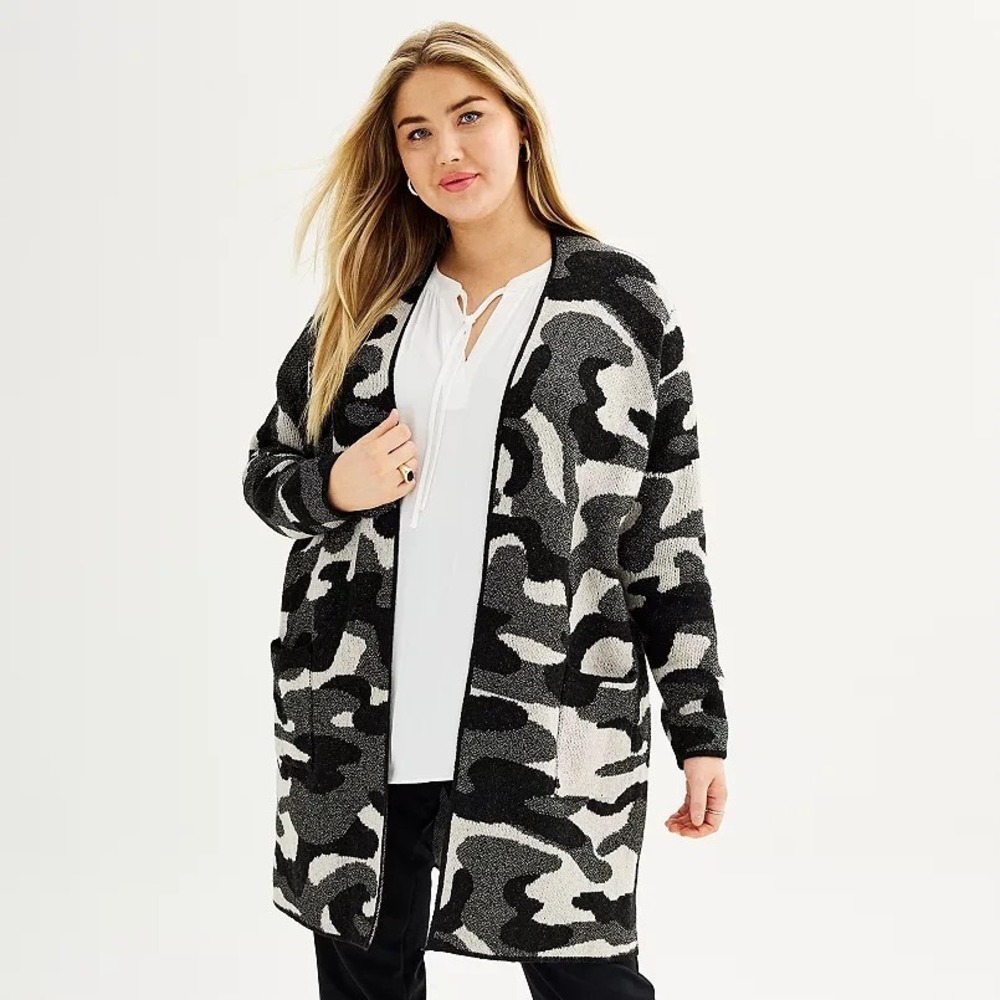 Nine West Cardigan Women's Camouflage Long Sleeve Cozy Open Sweater - Large